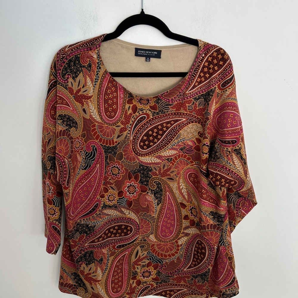 Jones New York Signature Sz 1X 70% Silkโ Paisley Pink Orange 3/4 Sleeve Blouse